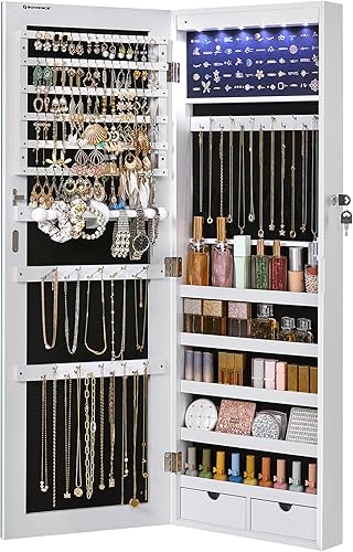 SONGMICS Schmuckschrank mit langem Spiegel, Schmuckaufbewahrung mit 6 LED-Lampen, zum Aufhängen an der Tür oder zur Befestigung an der Wand, großes Fassungsvermögen, 2 Schubladen, Weiß JJC99WT - Feixum