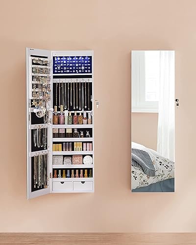 SONGMICS Schmuckschrank mit langem Spiegel, Schmuckaufbewahrung mit 6 LED-Lampen, zum Aufhängen an der Tür oder zur Befestigung an der Wand, großes Fassungsvermögen, 2 Schubladen, Weiß JJC99WT - Feixum